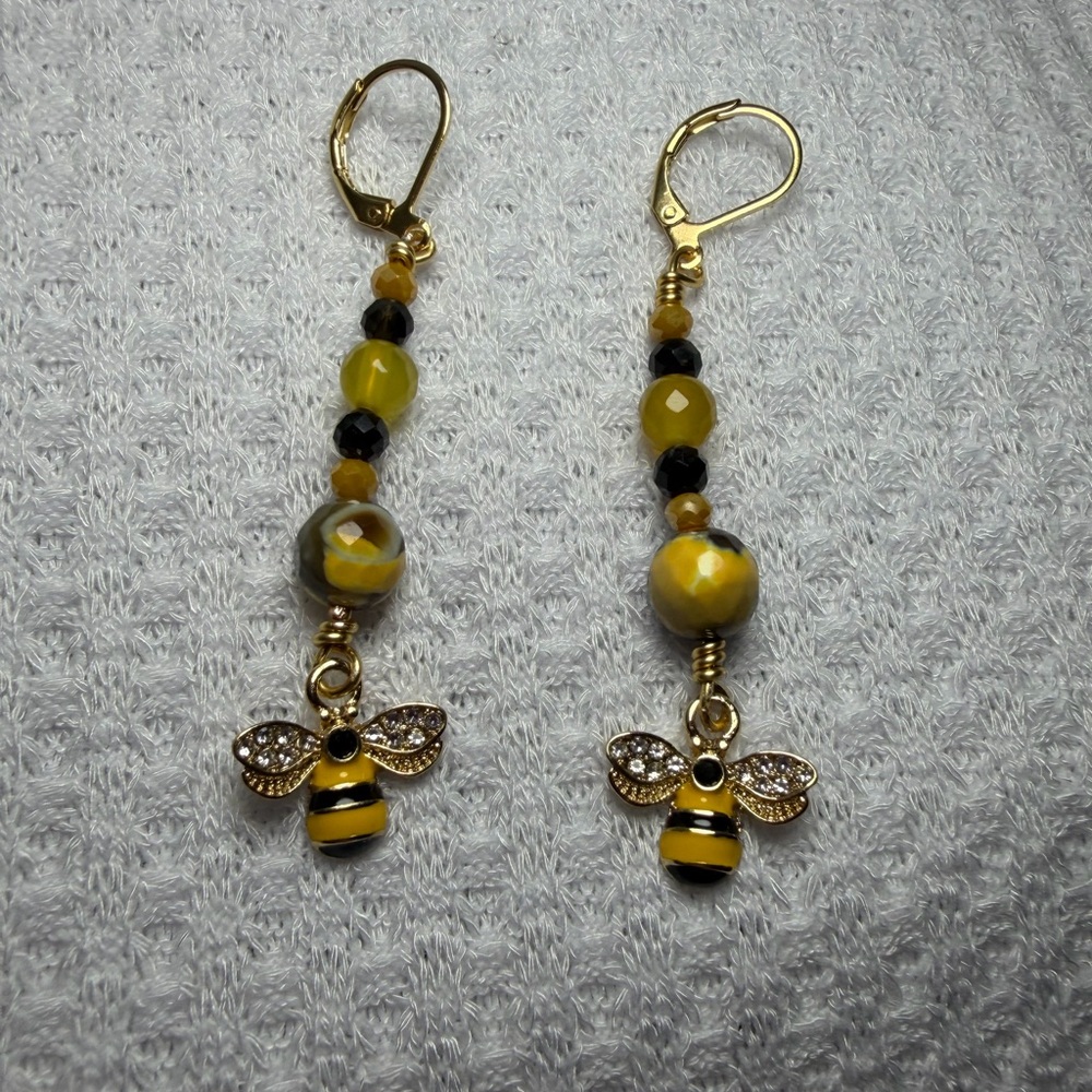 Bee Dangle Earrings – Yellow Agate & Bumblebee Jasper Inspired Bead